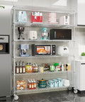 Built Like A Tank 6 Tier Wire Shelving Unit, 6000 Lbs Heavy Duty Metal Storage Rack displaying kitchen appliances and containers.