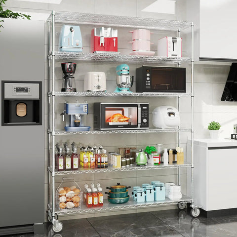 Built Like A Tank 6 Tier Wire Shelving Unit, 6000 Lbs Heavy Duty Metal Storage Rack displaying kitchen appliances and containers.