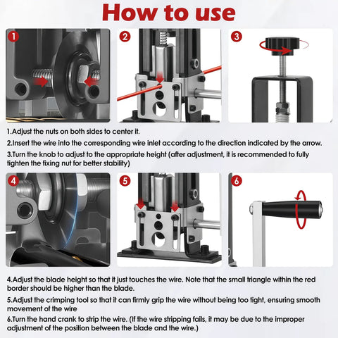 Labor Saving Manual Wire Stripping Tool For 1 To 25 MM Wire Gauges usage instructions with detailed steps and images.