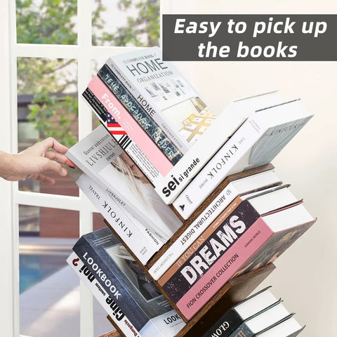 Tree Shaped 10 Tier Floor Standing Wood Bookcase Slim Space Saver For Narrow Rooms Tight Spots And More Holds Books CDs Magazines In Home Office Living Room Brown Finish with books displayed