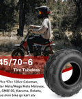 Rider on mini bike with 145/70-6 Mini Bike Tires Tubeless Replacement For Coleman CC100X CT100U KT196 GMB100 display