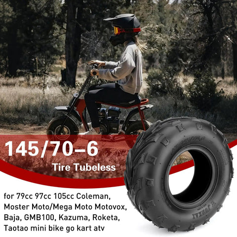 Rider on mini bike with 145/70-6 Mini Bike Tires Tubeless Replacement For Coleman CC100X CT100U KT196 GMB100 display