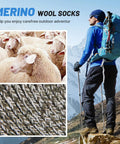 Hiker on snowy mountain, Merino wool sheep, close-up of woolen fabric. Five Pairs Merino Wool Socks for Men Ultra Thick Thermal Hiking Socks.