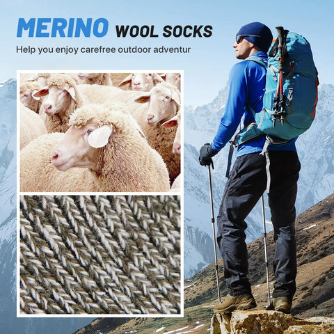 Hiker on snowy mountain, Merino wool sheep, close-up of woolen fabric. Five Pairs Merino Wool Socks for Men Ultra Thick Thermal Hiking Socks.