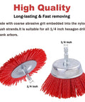 Two red nylon filament cup brushes, part of 10 Pack Nylon Filament Wheel And Cup Brush Set With Quarter Inch Hex Shank For Rust Paint