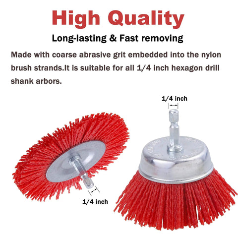 Two red nylon filament cup brushes, part of 10 Pack Nylon Filament Wheel And Cup Brush Set With Quarter Inch Hex Shank For Rust Paint