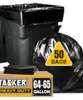 Heavy Duty Sixty Four Gallon Trash Bags Black Garbage Containers Value Pack Of Fifty With Secure Tie Tops next to a trash bin.