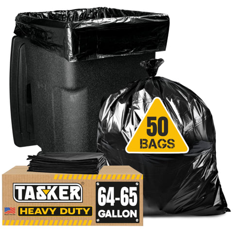 Heavy Duty Sixty Four Gallon Trash Bags Black Garbage Containers Value Pack Of Fifty With Secure Tie Tops next to a trash bin.