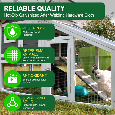 Chicken coop with galvanized 19-gauge wire mesh, highlighting Hardcore Half Inch Hardware Cloth Roll 19 Gauge 48x100 Ft Galvanized After Welding.