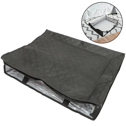 Lowkey Huge Underbed Storage Container And Clothes Organizer Features Grippy Handles And Smooth Slide Design For Sneaking Away Blankets And Bedding Without Any Drama Or Mess So You Can Keep Your Setup Clean And Sharp. Compact gray storage bin with zipper and handles.