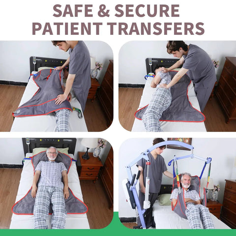EHUCONHEEL Full Body Mesh Patient Lift Sling Universal Transfer Aid For Electric Ceiling Hoist shown during patient transfer from bed.