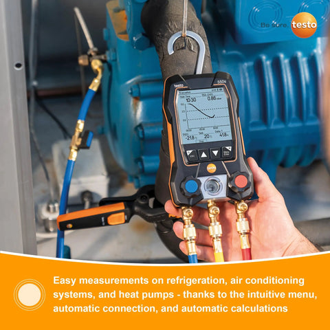 Pro Grade AC Manifold Gauge Set For HVAC Pros And Refrigeration With Bluetooth Micron Gauge And Two Pipe Clamp Thermometers Includes T115i And T552i For Precise Temperature And Pressure Readings And Easy Recharge Kit. handheld digital manifold on HVAC unit