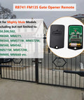 Remote Gate Opener Transmitter 318MHz FM135 9 Dip 3 Position For Gate Openers MM371W MM572W And More 2 Pack Gate Clicker Garage Door Entry Controllers, shown with circuit board and button layout.
