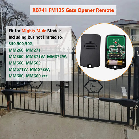 Remote Gate Opener Transmitter 318MHz FM135 9 Dip 3 Position For Gate Openers MM371W MM572W And More 2 Pack Gate Clicker Garage Door Entry Controllers, shown with circuit board and button layout.
