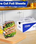 Premium Aluminum Foil Sheets 9 by 10.75 inch pre cut tin foil wraps with sandwich, perfect for cooking and food storage.