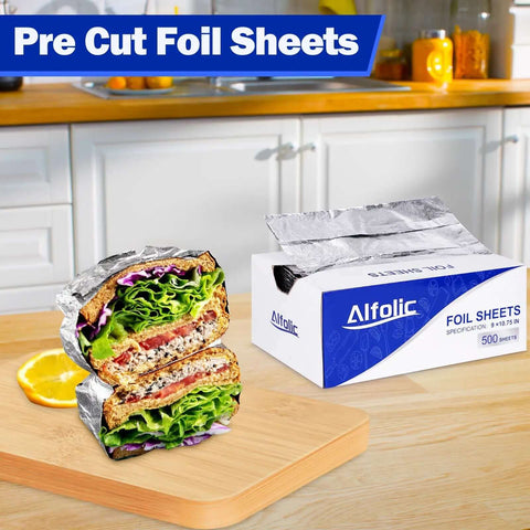 Premium Aluminum Foil Sheets 9 by 10.75 inch pre cut tin foil wraps with sandwich, perfect for cooking and food storage.