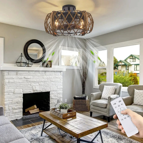 Industrial Farmhouse 17 Inch Black Caged Ceiling Fan With Remote Light Kit in living room, wood color blades visible