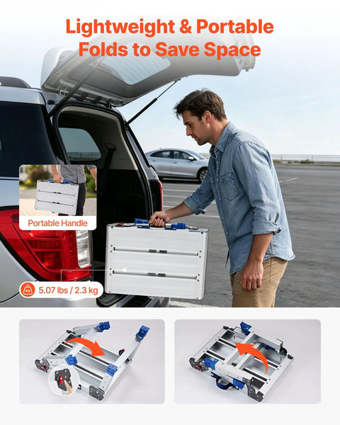 Beefy Aluminum Folding Work Platform With Adjustable Height From 12 To 16 Inches 500 Lb Capacity Non Slip Work Surface Portable Bench For Painting Cleaning Home And Pro Use, folded with portable handle