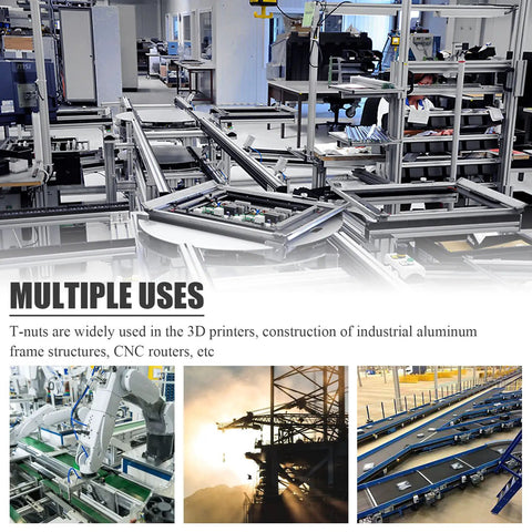 Industrial workspace showcasing 50 Pack 3030 Series Sliding T Nuts With M6 Thread Hammer Head For 8mm T Slot Aluminum Extrusion Profiles