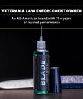 Bottle of Blade Premium Knife Oil with precision needle for EDC, hunting, fishing, compact lubricant for tight pivot joints.