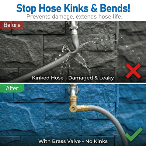 Brass Hose Swivel Connector With 0 to 180 Degree And Full 360 Degree Rotation, Easy Install Garden Hose Elbow For RVs Campers, No Kink Water Flow Booster For Standard 3/4 Inch Pipes, shown before and after hose kink reduction