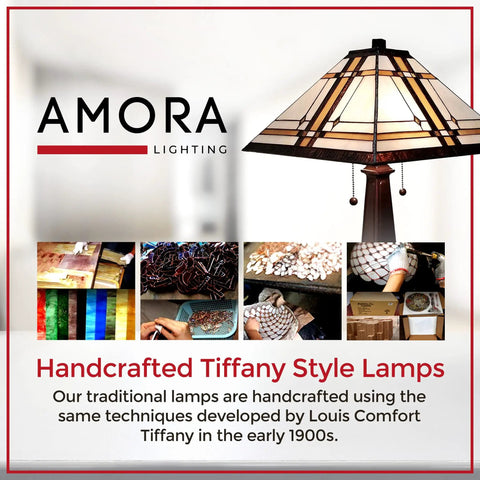 Vintage Tiffany Style Table Lamp With Stained Glass Shade 23 Inch Nightstand Light handcrafting process collage, Amora Lighting logo.