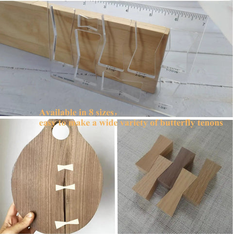 Rock Solid Acrylic 8 In 1 Bowtie Butterfly Router Template Jig Kit Woodworking DIY Inlay Guide showing clear templates on wood.