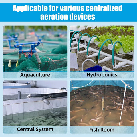 AQUANEAT 1-way thread valves for aquarium air flow; collage of aquaculture, hydroponics, central system, and fish room.