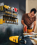 Heavy Duty Wall Mounted Tool Organizer Rack With Six Drill Holders And Four Hangers For Power Tools, worker using drill