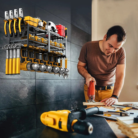 Heavy Duty Wall Mounted Tool Organizer Rack With Six Drill Holders And Four Hangers For Power Tools, worker using drill