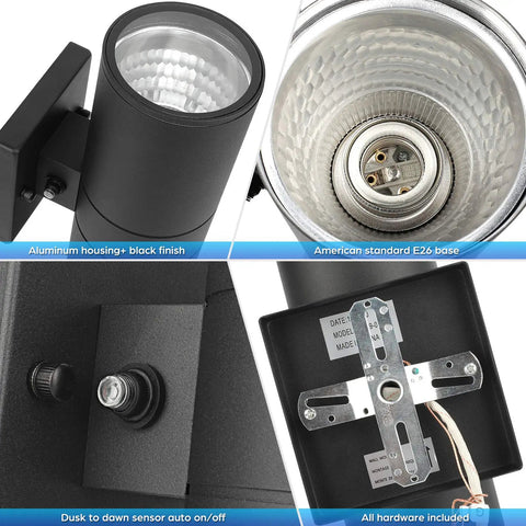 Dusk To Dawn Outdoor Wall Light With Up And Down Sconces Waterproof Anti Rust Cylinder Black showing bulb, mount, and sensor details
