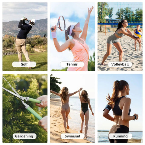 Collage of outdoor activities including golf, tennis, volleyball, gardening, swimming, and running, ideal for wearing an open top sun visor hat for outdoor sports.