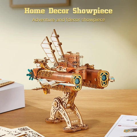 Steampunk Airship 3D Wooden Puzzle Kit For Adults And Teens DIY Voyage Model displayed on table with yellow finish.