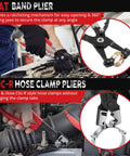 Six Piece Hose Clamp Pliers Set With 27 Inch Long Reach For Deep Engine Bay Access featuring flat band and Clic-R type pliers in use