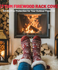 Cozy fireplace scene with 4 Ft Firewood Rack Cover 600D Waterproof Heavy Duty Weatherproof Outdoor Log Holder in background