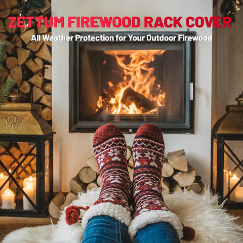 Cozy fireplace scene with 4 Ft Firewood Rack Cover 600D Waterproof Heavy Duty Weatherproof Outdoor Log Holder in background