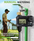 Programmable Garden Hose Water Timer for Outdoor Irrigation attached to faucet showing manual mode with man watering lawn.