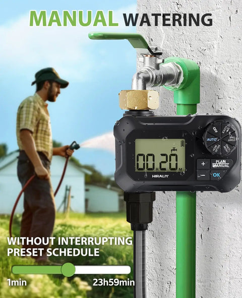 Programmable Garden Hose Water Timer for Outdoor Irrigation attached to faucet showing manual mode with man watering lawn.