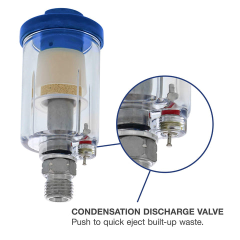 Close-up of Mini Inline Air Filter Set Two Pack Water And Oil Separator With Drain Valve for compressor hoses