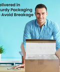 Man standing with open cardboard box displaying secure packaging for 'Ceiling Fan Light Covers Set Of 6 Beveled Glass Globes Replacement Shades'