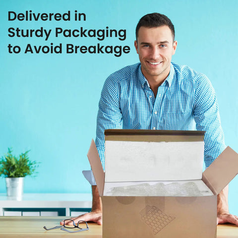Man standing with open cardboard box displaying secure packaging for 'Ceiling Fan Light Covers Set Of 6 Beveled Glass Globes Replacement Shades'
