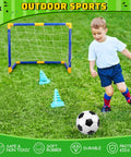 Kid playing soccer in backyard with Mini Soccer Goal Set With Three Balls And Pump For Kids, 23 Inches Wide by 18 Inches High