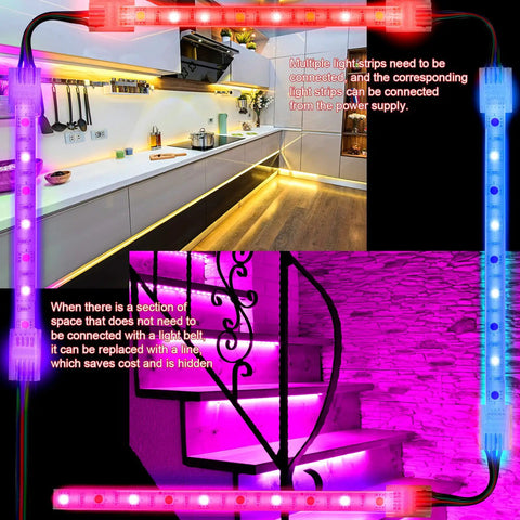 Installed 10 Pack 4 Pin 10mm Solderless LED Strip Light Connectors and 16.4 Ft Conductor Extension Cable for RGB LED strip lights.