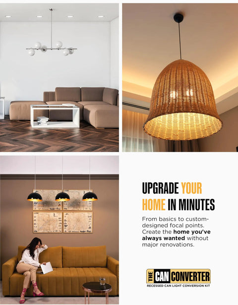 No Sweat Install Recessed Can Light Conversion Kit With 7 Inch Flat Steel Ceiling Medallion For 5 And 6 Inch Cans, transformed living room lighting.