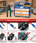 All-In-One 1150-Piece Wire Connectors Kit with Crimping Tool for Auto and Home wiring, step-by-step crimping guide displayed.