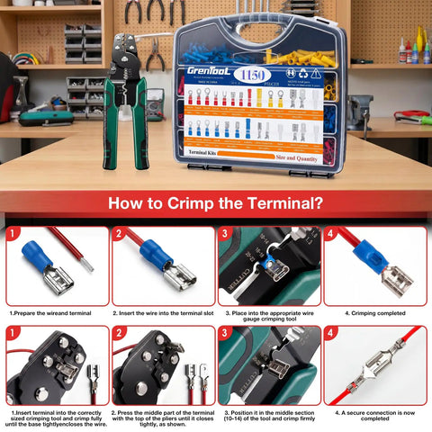 All-In-One 1150-Piece Wire Connectors Kit with Crimping Tool for Auto and Home wiring, step-by-step crimping guide displayed.