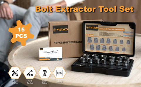 Heavy Duty Bolt Extractor Kit With Three Eighths Inch Adapter, Easy Out Set and Lug Nut Remover, 15 pieces displayed in case