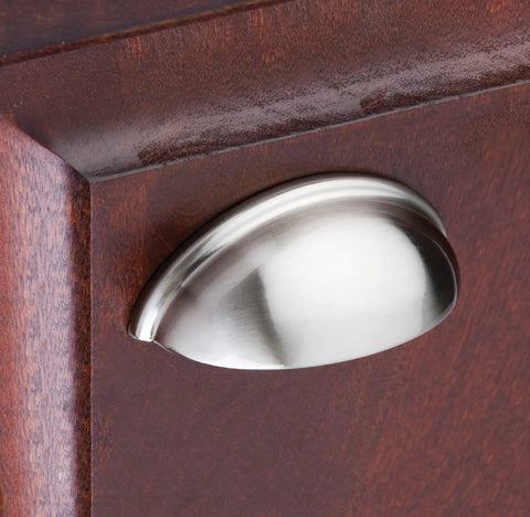Sleek Small Cup Cabinet Pull With Mounting Screws In Brushed Oil Rubbed Bronze Finish For Kitchen Drawers And Bathroom Vanities, side view.
