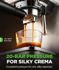 This Twenty Bar Espresso Maker Delivers Rich Bold Flavor With An Integrated Milk Frother And Roomy Removable Tank For Serving Silky Lattes And Americanos Through The Day In Premium Stainless Steel Housing showcasing espresso extraction with 20-bar pressure.