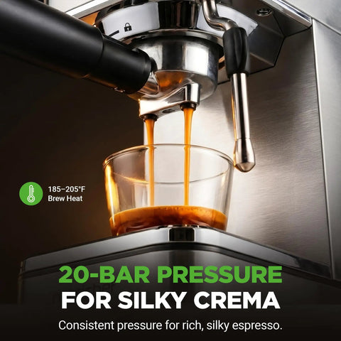 This Twenty Bar Espresso Maker Delivers Rich Bold Flavor With An Integrated Milk Frother And Roomy Removable Tank For Serving Silky Lattes And Americanos Through The Day In Premium Stainless Steel Housing showcasing espresso extraction with 20-bar pressure.
